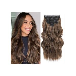 24" Balayage Dark Brown Clip In Hair Extensions 6pcs Brown w/ Caramel Highlights